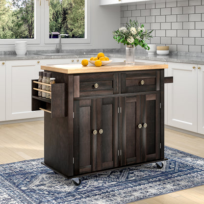 Wooden Kitchen Island Cart with Storage Cabinets