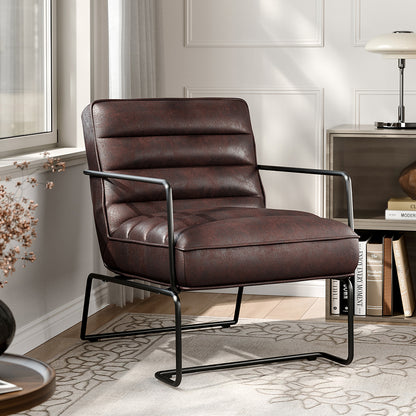 Brown Mid-Century PU leather Linen Armchair with Metal Base