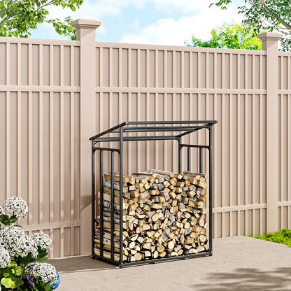 Grey 110cm Garden Metal Tube Firewood Rack with Roof