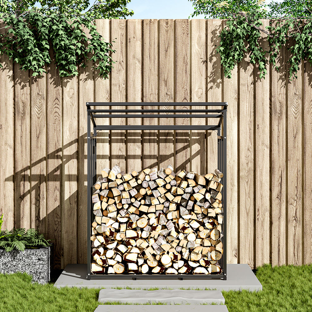 Grey 185cm Garden Metal Tube Firewood Rack with Roof