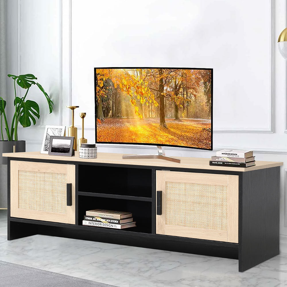 Beige Modern TV Stand Wooden Storage Cabinet with Rattan Doors