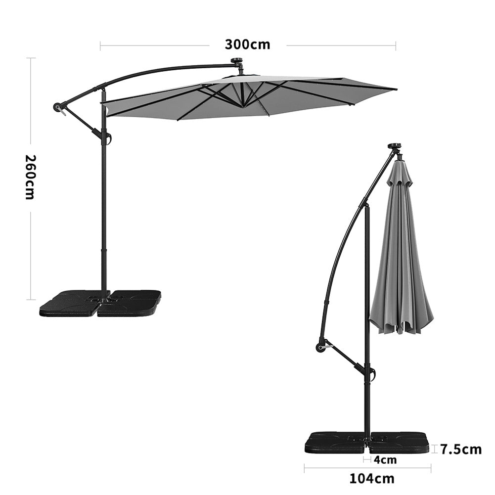 3M Large Garden Hanging LED Parasol Cantilever Sun Shade Banana Umbrella with Petal Base, Light Grey