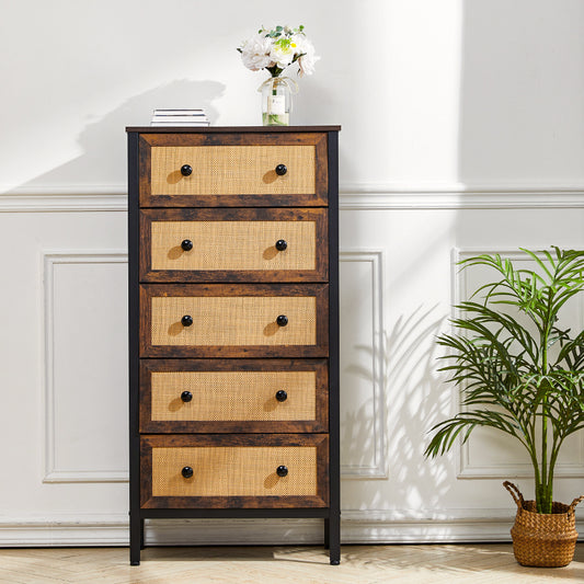 5 Drawer Rustic Rattan Storage Cabinet