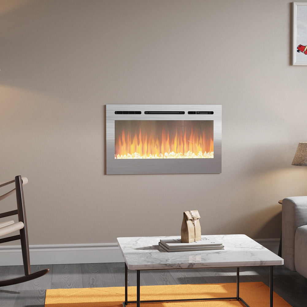 LED Electric Wall Mounted Fireplace Recessed Fire Heater 12 Flames With Remote Silver 36inch