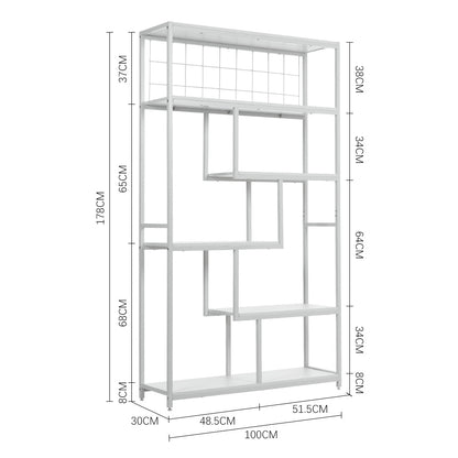 Six-tiered open bookcase storage shelf in white