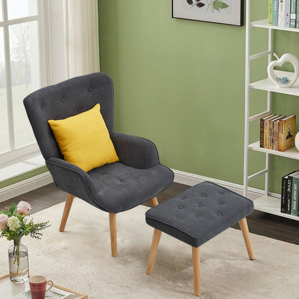 Grey Tufted Armchair with Cushion and Footstool