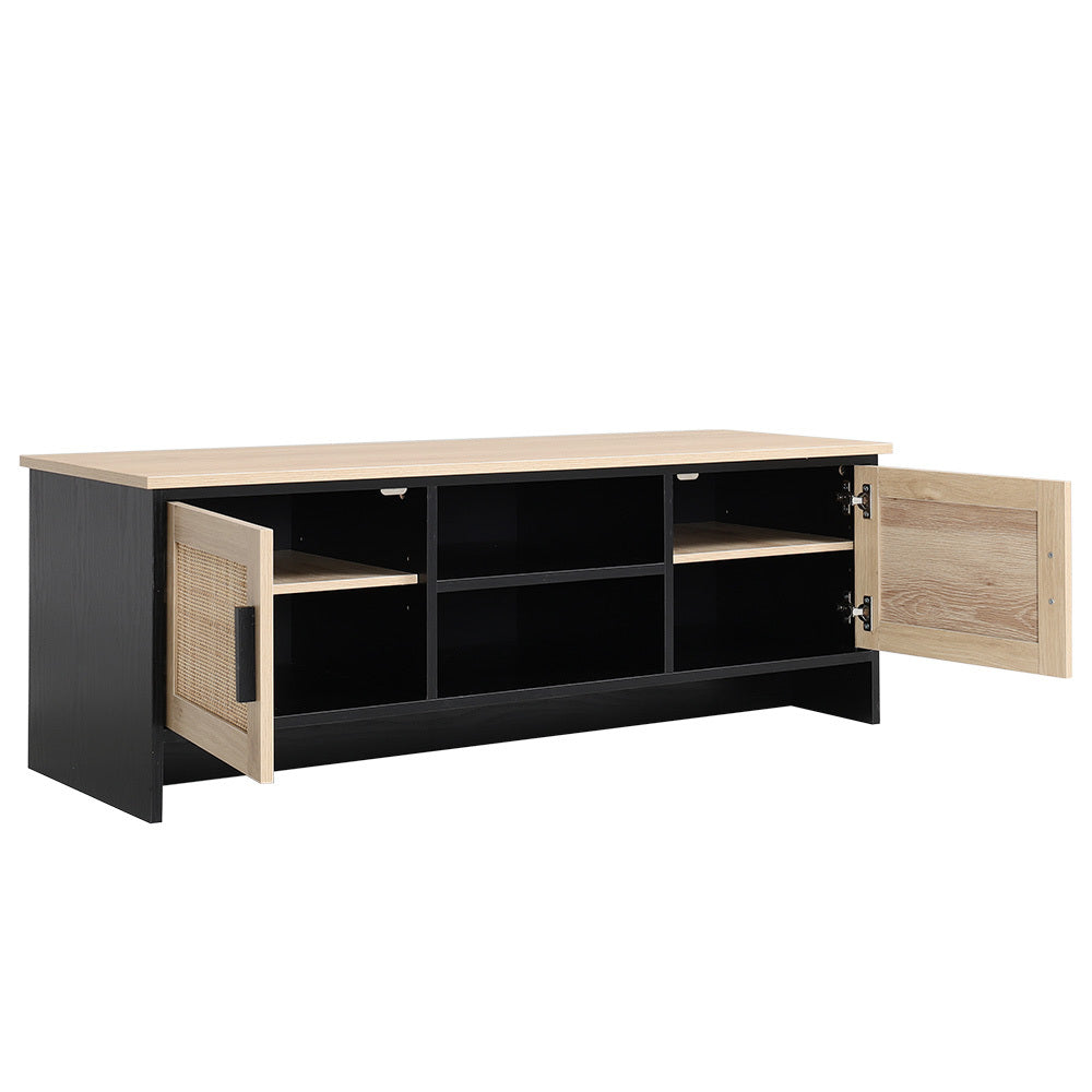 Beige Modern TV Stand Wooden Storage Cabinet with Rattan Doors