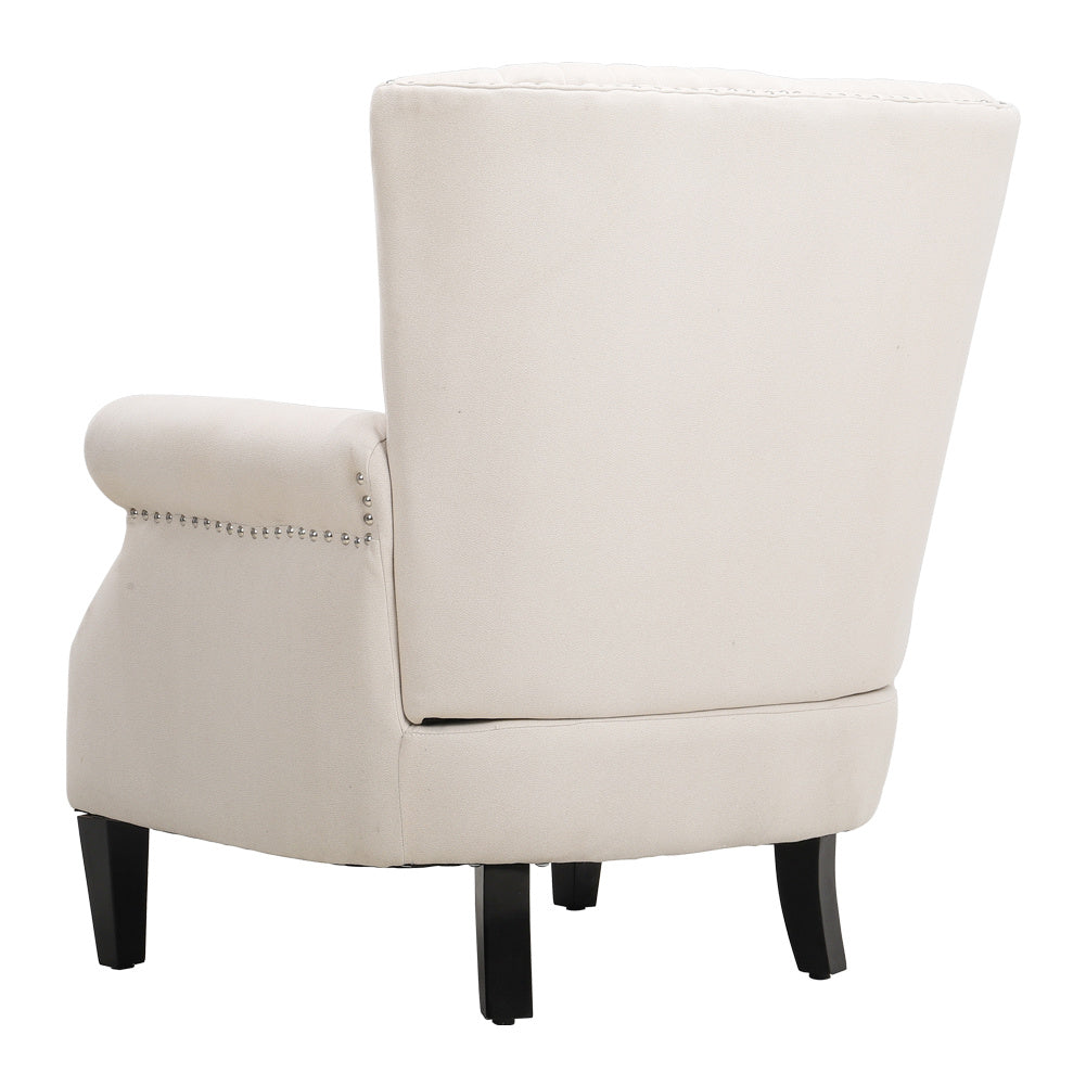 White Deep Upholstered Armchair with Wooden Legs