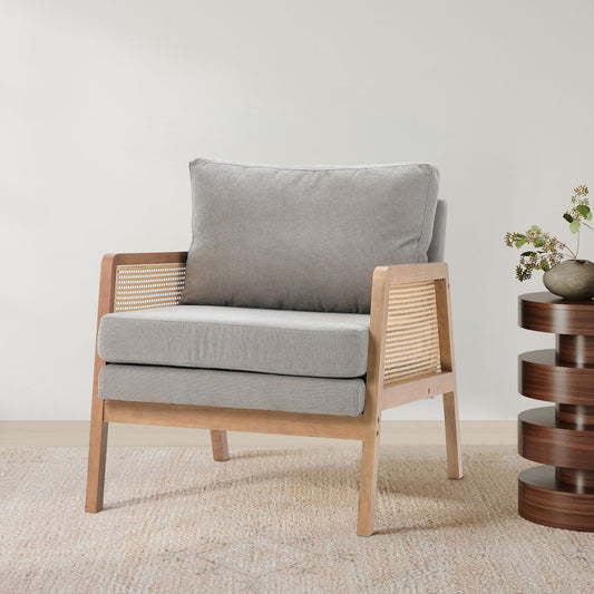 Fabric Cushioned Wood Armchair with Rattan Sides,Light Grey