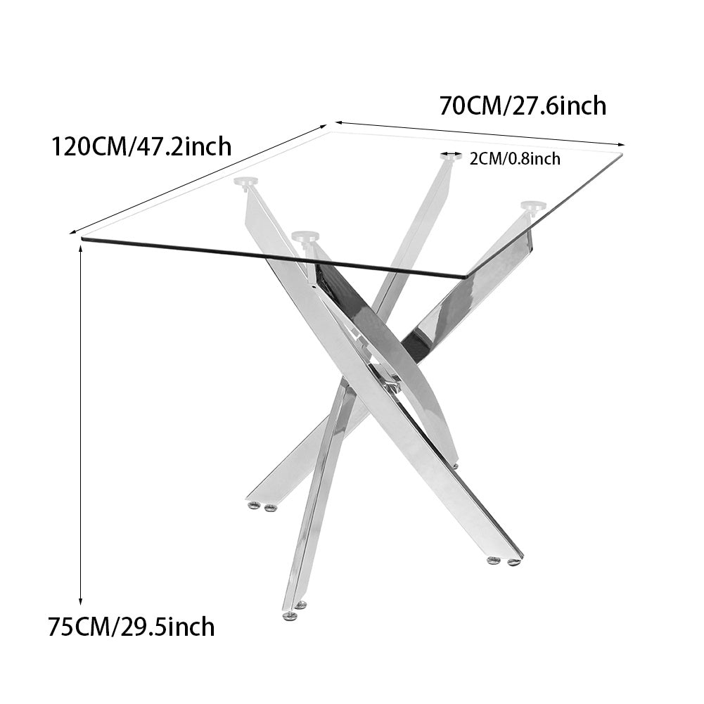 120x70cm Square Glass Dining Table with Silver Chrome Legs