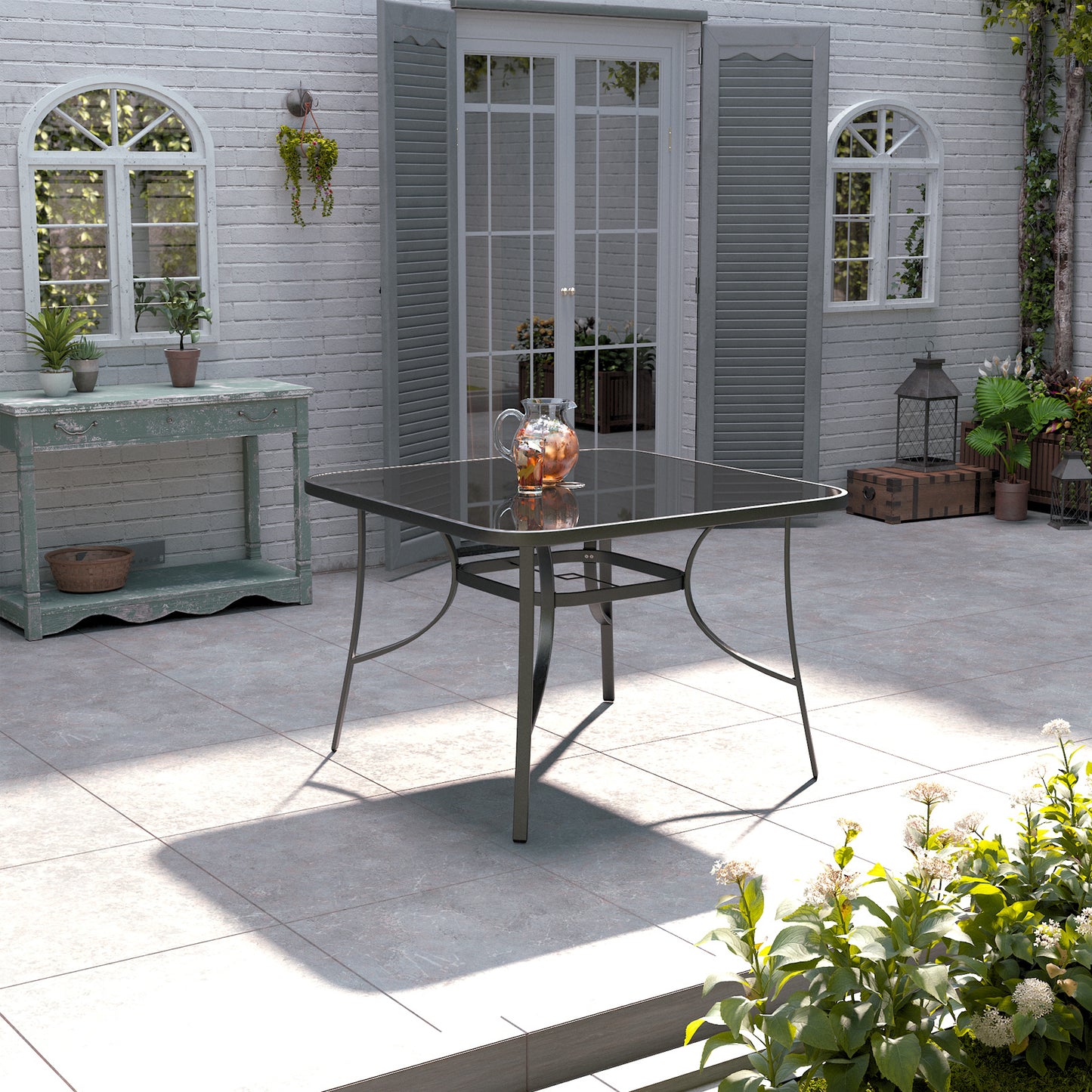 105CM Garden Glass Top Table With Umbrella Hole Square