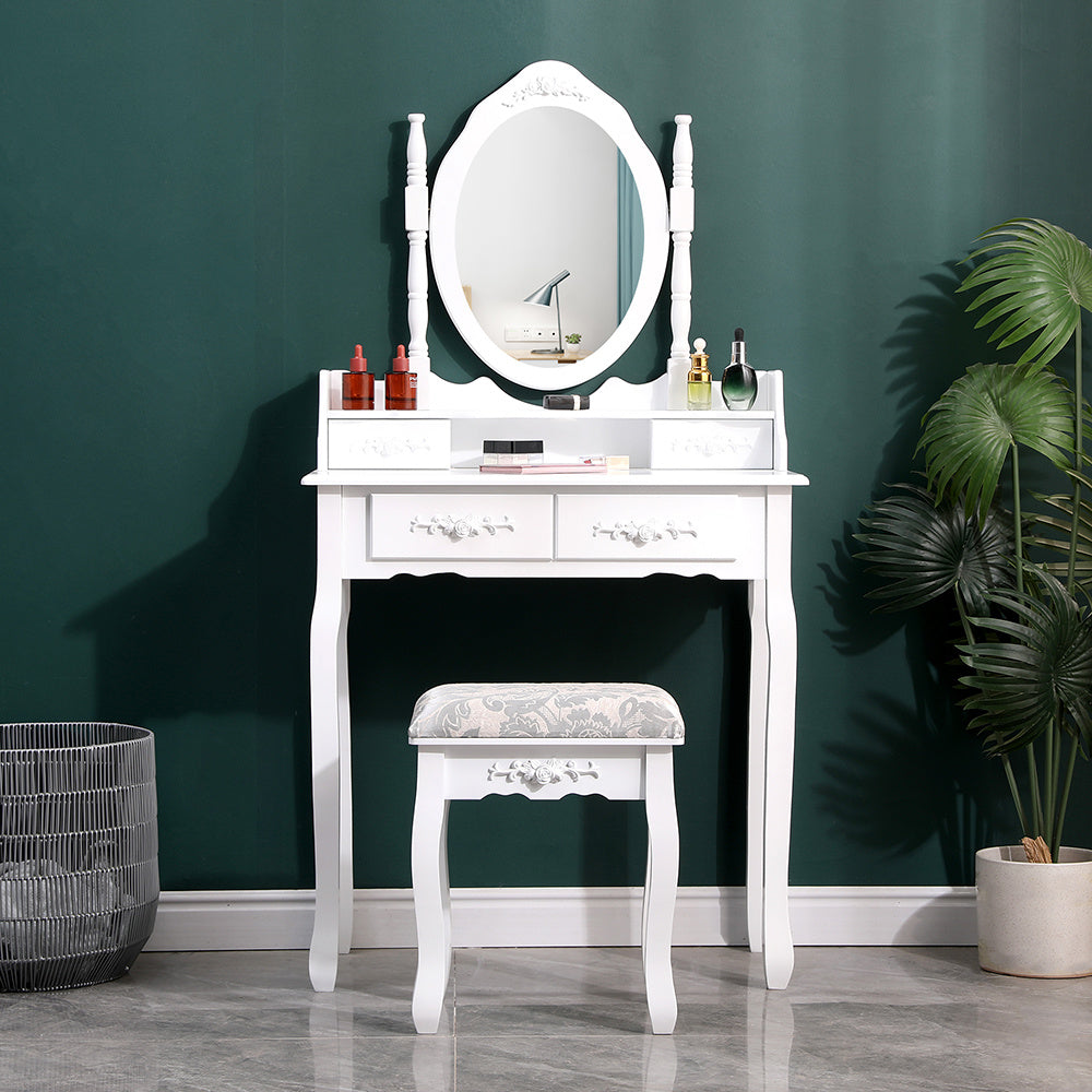 White 4 Drawers Dressing Table with Mirror and Stool Set