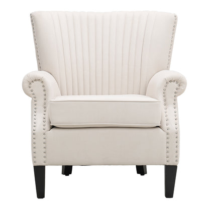 White Deep Upholstered Armchair with Wooden Legs