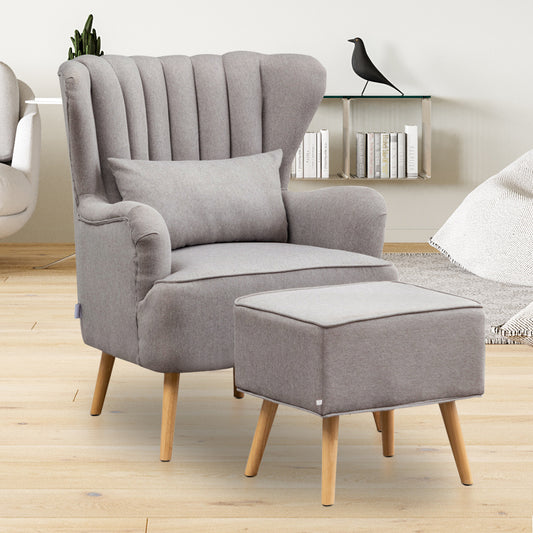 Grey Linen Armchair with Footstool and Pillow
