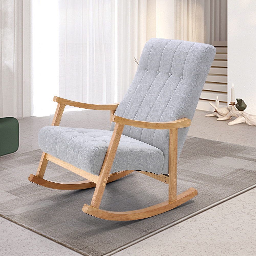 Light Grey Velvet Upholstered Tufting Rocking Chair with Rubberwood Frame