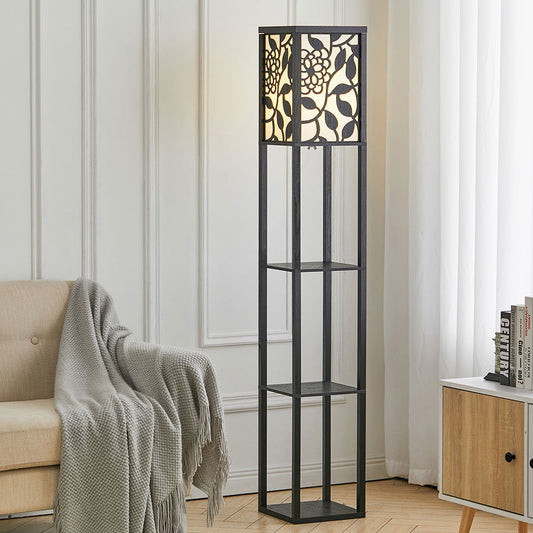 3 in 1 Wooden and Linen Floor Lamp with Shelves,Black Vines