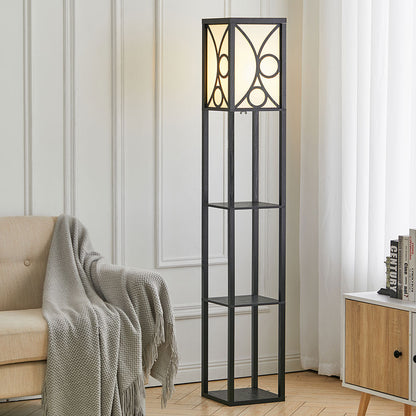 3 in 1 Wooden and Linen Floor Lamp with Shelves,Black Geometric Pattern