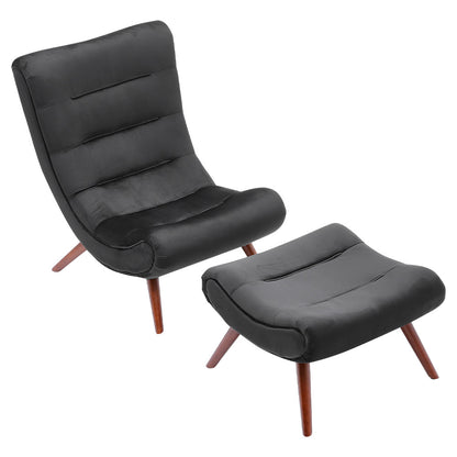 Black Curved Velvet Lounge Chair with Footstool