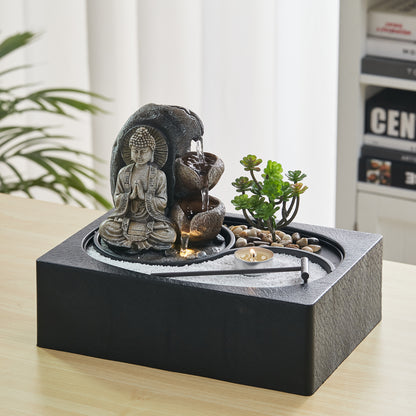 Buddha Zen Tabletop Fountain with LED Lights and Succulents