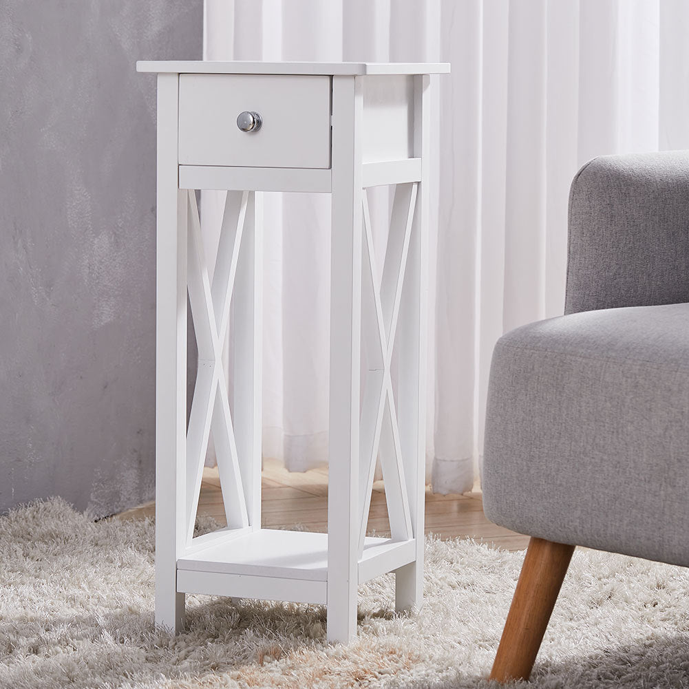 Modern Side Table Nightstand with Bottom Shelf for Living Room Bedroom White