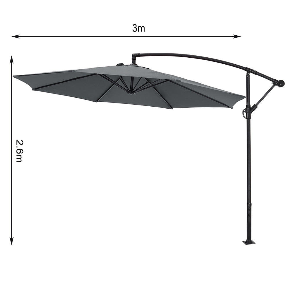 3M Banana Parasol Patio Umbrella Sun Shade Shelter with Fanshaped Base, Dark Grey