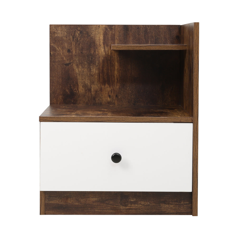 Urban Style Wooden Bedside Table with Drawers and Open Shelves White and Rustic Brown