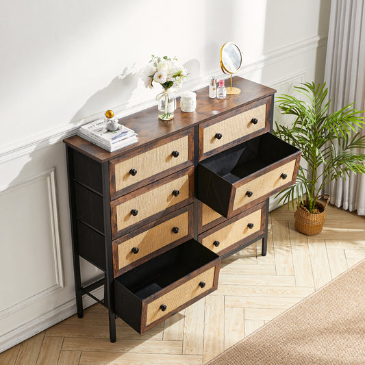 8 Drawer Rustic Rattan Storage Cabinet