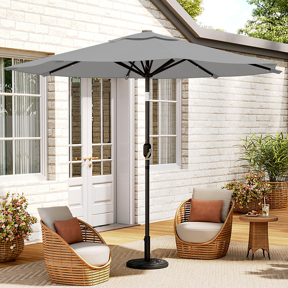 3M Large Garden LED Parasol Outdoor Beach Umbrella with Light Sun Shade Crank Tilt with 10KG Round Base, Light Grey