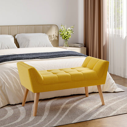 Yellow Tufted Fabric Bed Bench Upholstered Footstool