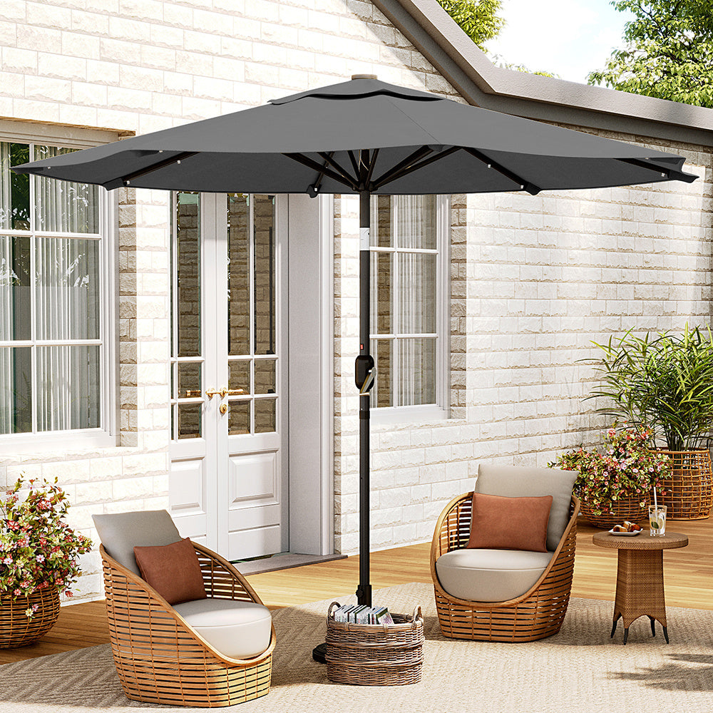 3M Large Garden LED Parasol Outdoor Beach Umbrella with Light Sun Shade Crank Tilt No Base,Dark Grey