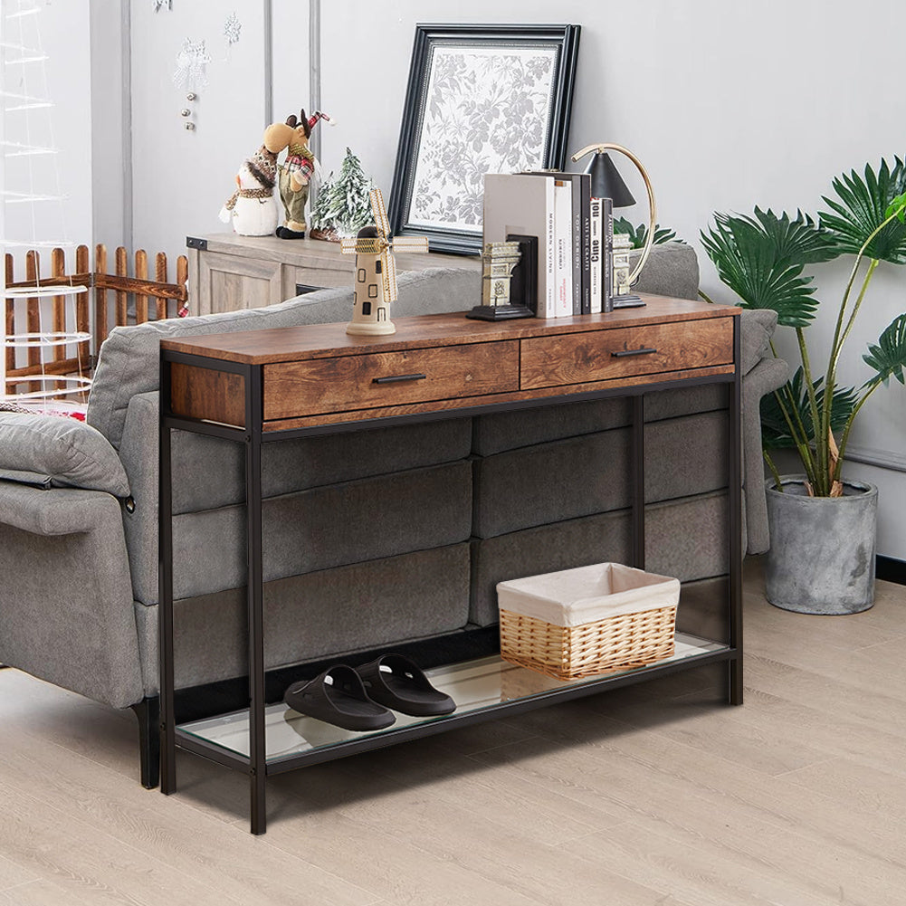 Rustic Brown Drawer Console with Glass Shelf