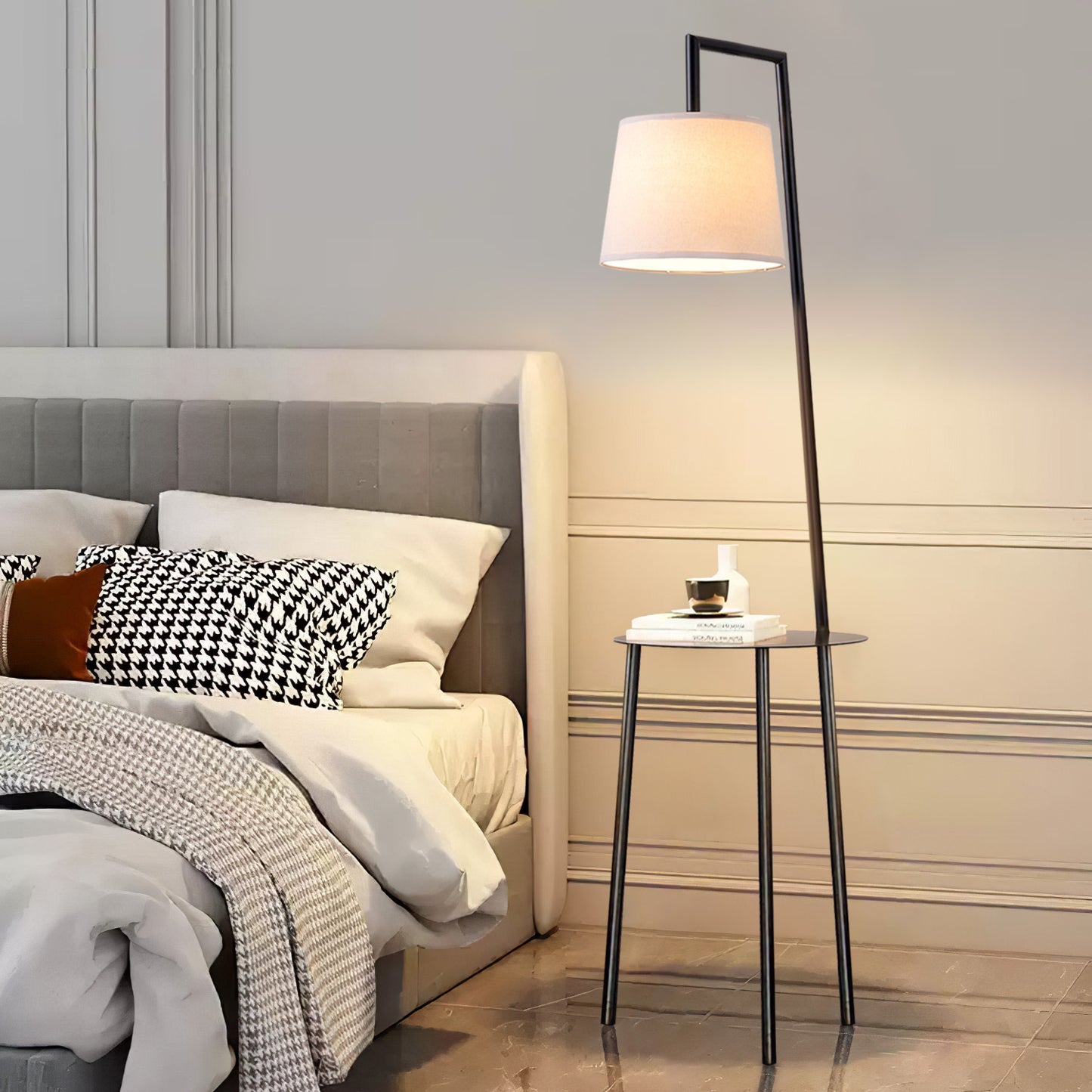 Metal Tray Table Floor Lamp with Linen Lampshade