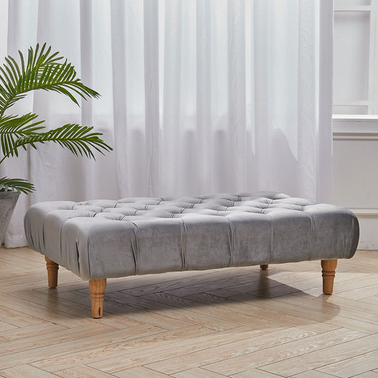 Grey Wood Leg Footstool with Velvet Buttons