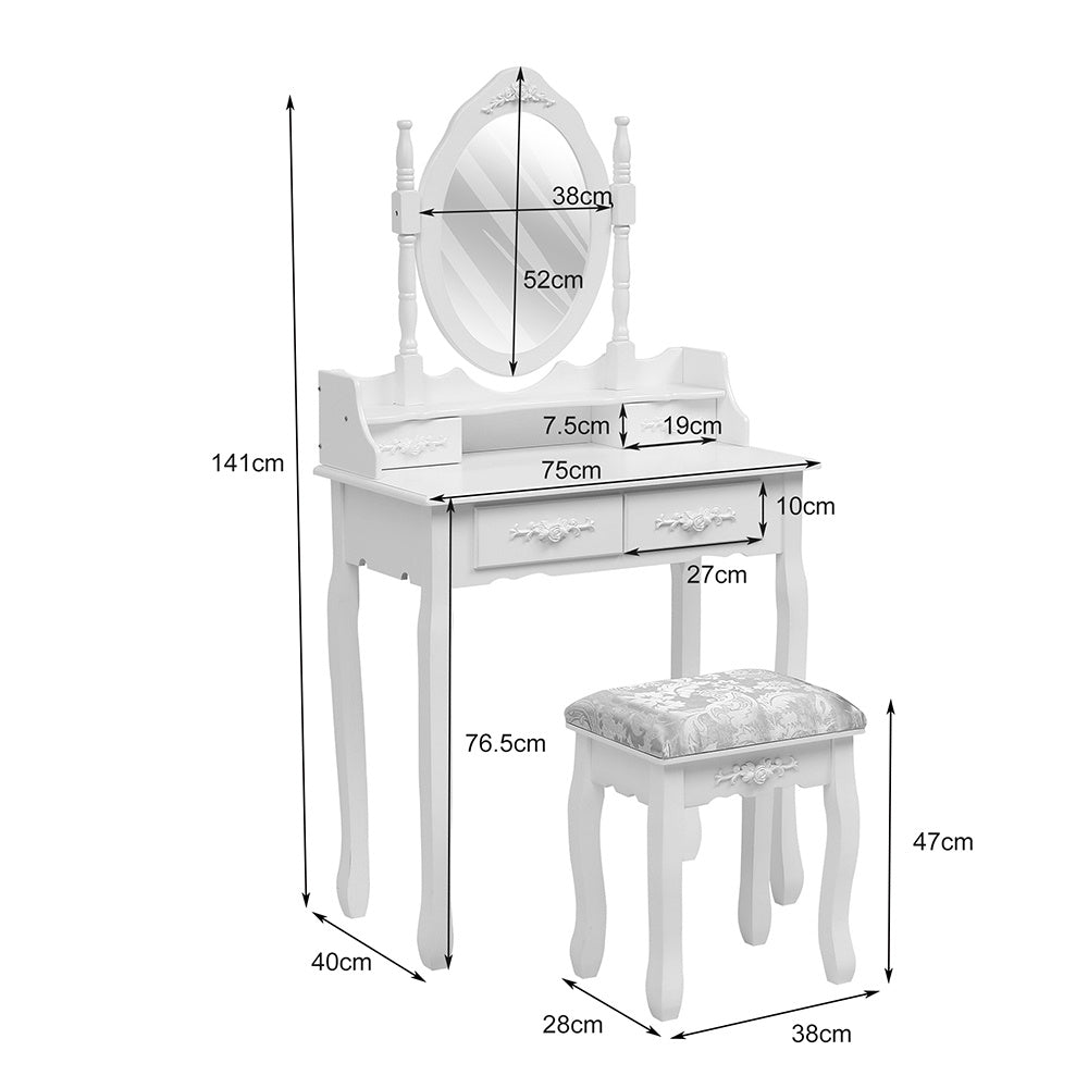 White 4 Drawers Dressing Table with Mirror and Stool Set