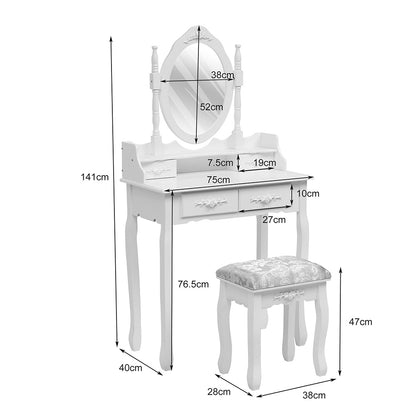 White 4 Drawers Dressing Table with Mirror and Stool Set