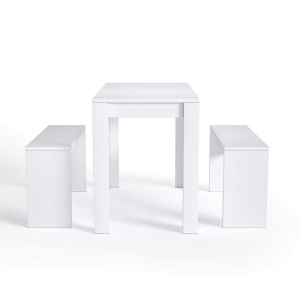 White Set of 3 Modern Dining Room Table and Benches