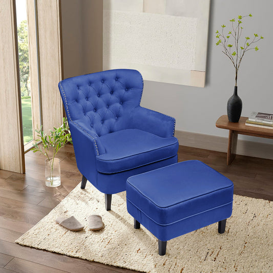 Blue Tufted Velvet Accent Armchair and Ottoman Set