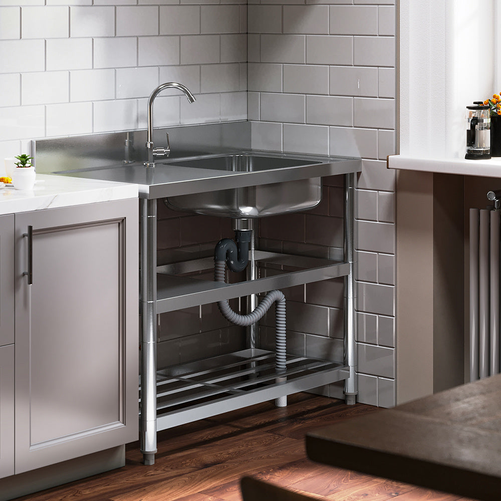 Silver Stainless Steel Kitchen Compartment Sink with Shelves