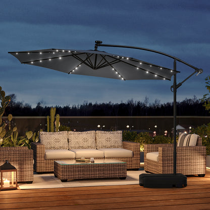 3M Large Garden Hanging LED Parasol Cantilever Sun Shade Banana Umbrella with Rectangular Base, Dark Grey