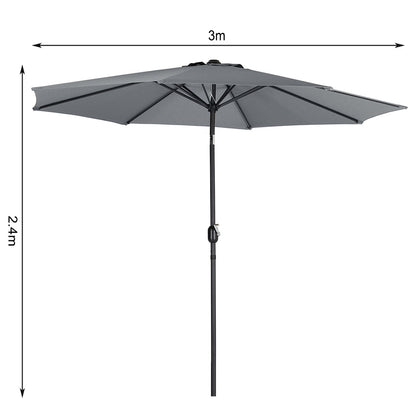 3M Dark Grey Parasol Umbrella Patio Sun Shade Crank Tilt with Round Base