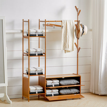 Freestanding Bamboo Clothes Rack with Storage Shelves 138CM