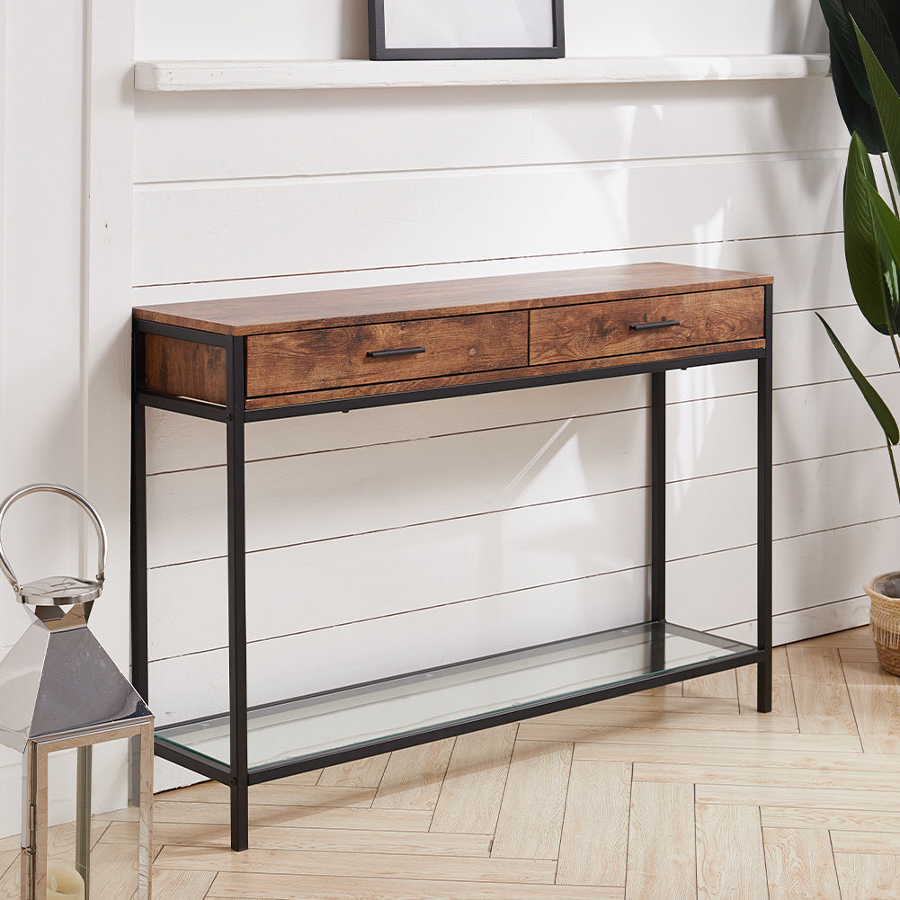 Rustic Brown Drawer Console with Glass Shelf