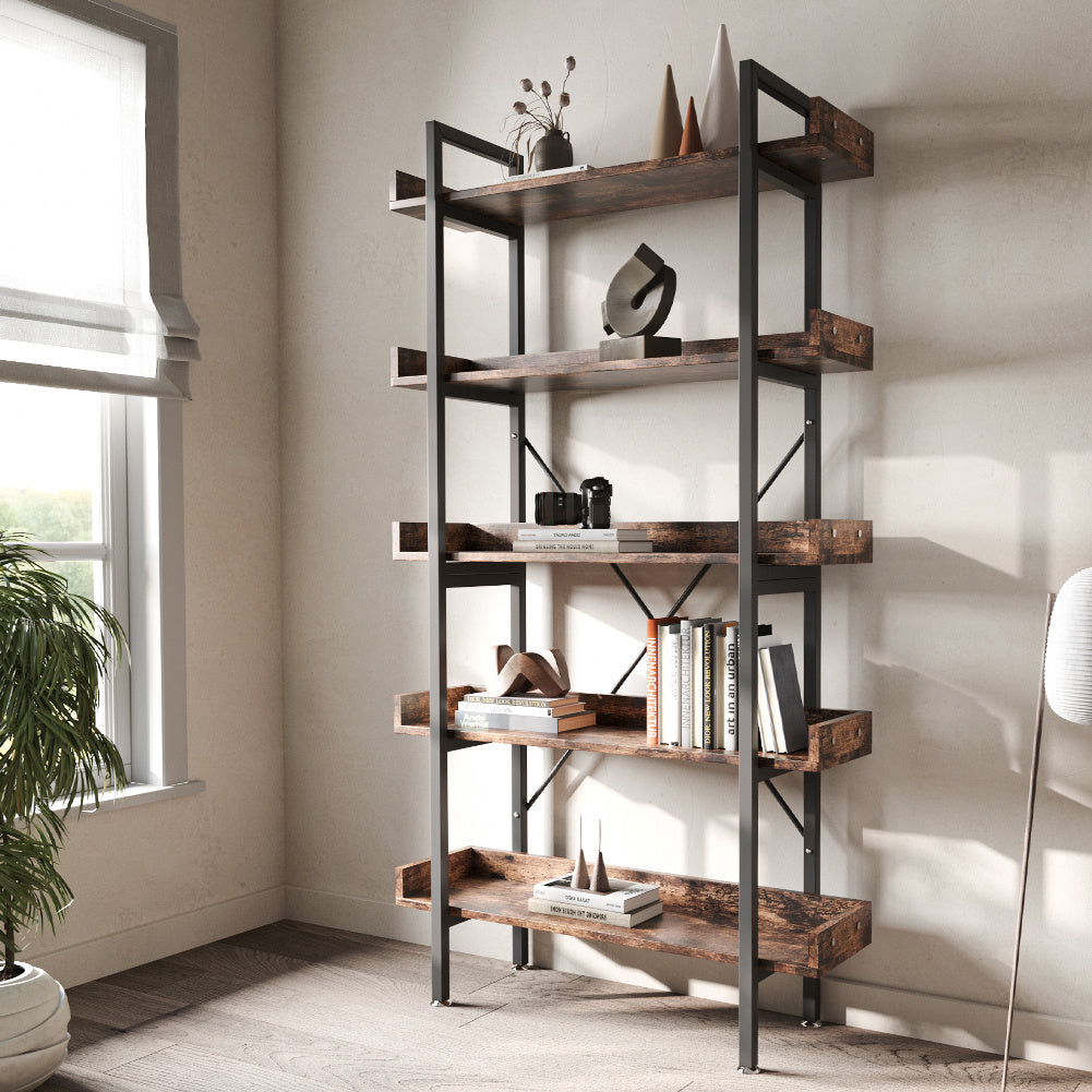 Brown 5 Tier Industrial Shelving Unit Bookcase Display Shelf