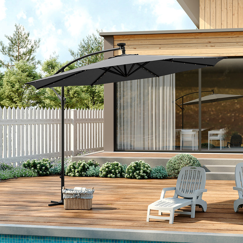 3M Large Garden Hanging LED Parasol Cantilever Sun Shade Banana Umbrella No Base, Dark Grey