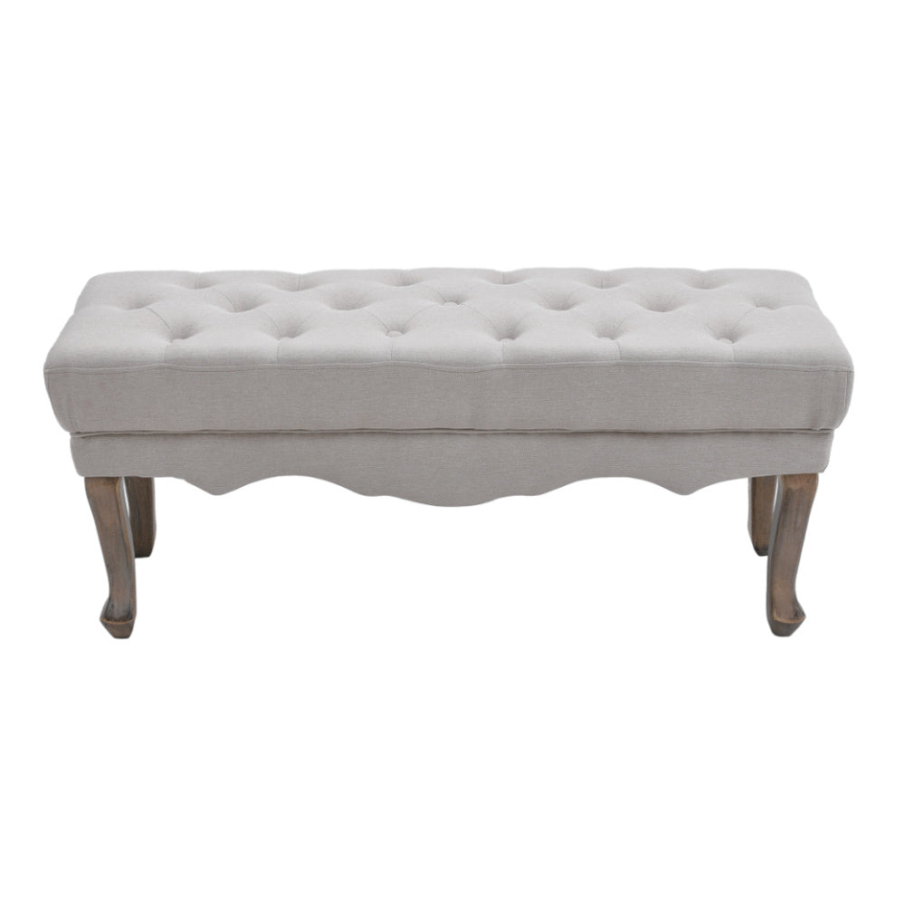 Beige Vintage Linen Bench with Rubberwood Legs