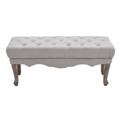 Beige Vintage Linen Bench with Rubberwood Legs