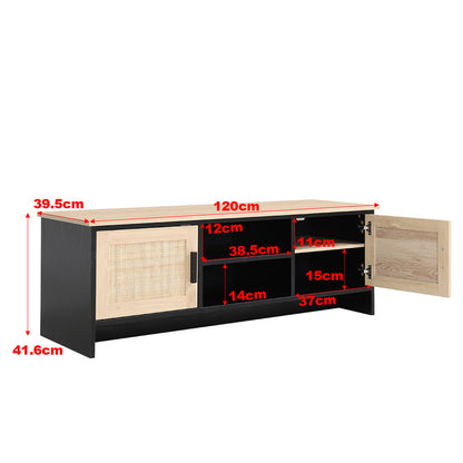 Beige Modern TV Stand Wooden Storage Cabinet with Rattan Doors