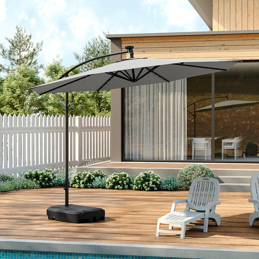 3M Large Garden Hanging LED Parasol Cantilever Sun Shade Banana Umbrella with Rectangular Base, Light Grey