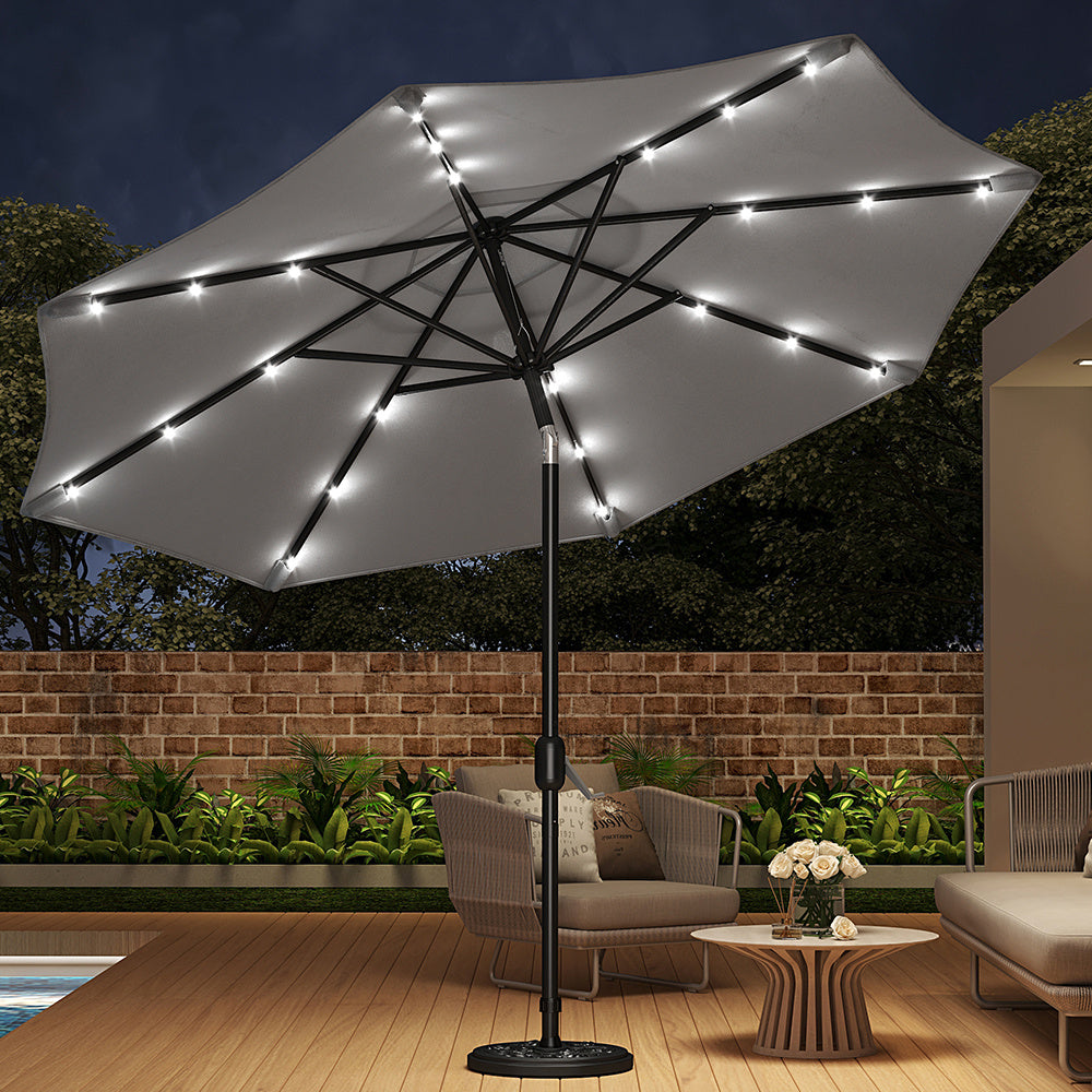 3M Large Garden LED Parasol Outdoor Beach Umbrella with Light Sun Shade Crank Tilt with 10KG Round Base, Light Grey