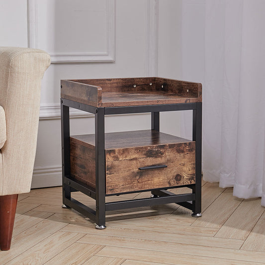 Brown 40cm 2 Tier Bedside Table with Drawer
